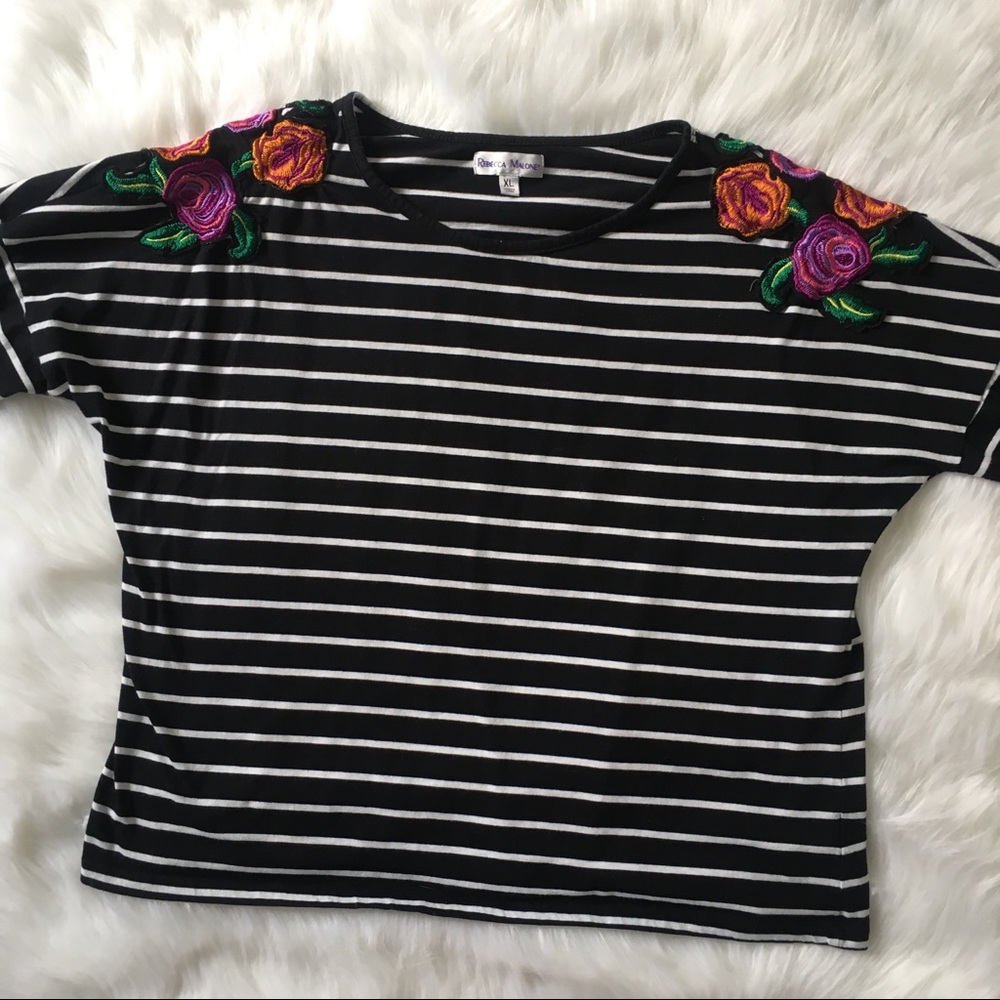 Rebecca Malone Striped 3/4 Sleeve Embroidered Top
